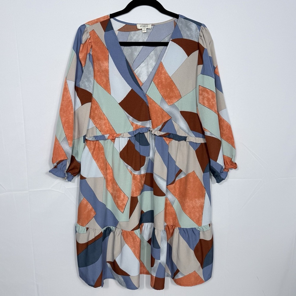 Umgee V-Neck Tiered Dress Womens M Multicolor Abstract Print Boho Cottagecore